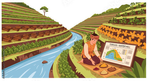 Agronomist studying soil samples with a map of terraced fields.