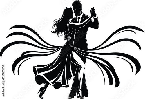 Elegant ballroom dance illustration, romantic couple in motion, black and white art, graceful pose, flowing dress, stylized performance, dramatic contrast