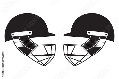 Two cricket helmets facing each other symmetrical design showing face grill and hard shell protection for batters