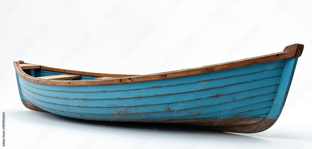 Obraz premium Small blue wooden rowboat rests on white background. Empty vintage vessel has weathered paint and natural wood trim. Ideal for nautical or travel themes.