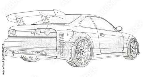 Detailed sketch of a sports car with a large spoiler.