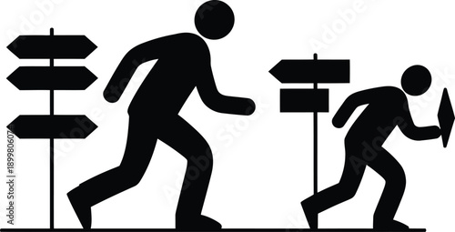 People running with direction signs and megaphone