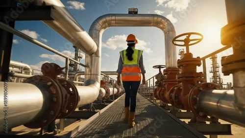 Female engineer walking through industrial refinery pipelines