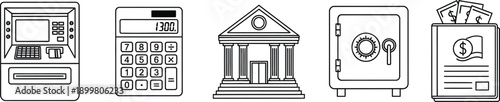 Set of minimalist financial icons featuring banking accounting and money management symbols ideal for web and mobile applications