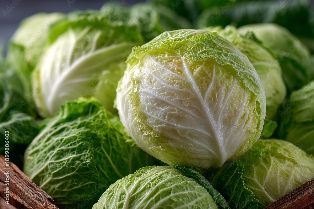 Fototapeta premium Freshly cut cabbage heads with vibrant green leaves, ideal for healthy eating, cooking, recipe visuals, and natural food marketing