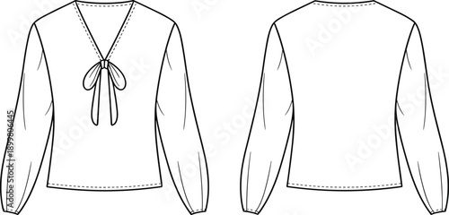 Elegant women blouse CAD fashion flat sketch, long sleeve v-neck top with tie detail, stylish apparel vector illustration design