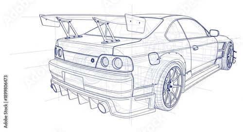 Detailed Sketch of a Sports Car with Spoiler.