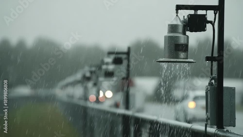 Medium shot of rainfall gauges on an automated weather station collecting precipitation data during overcast conditions.
