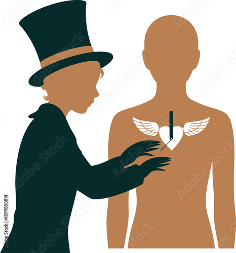 Steampunk doctor performing heart surgery with vintage tools