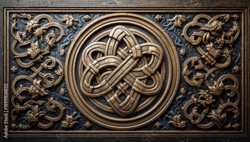 Crafted Wood Panel With Intricate Design Featuring a Central Knot and Surroun...