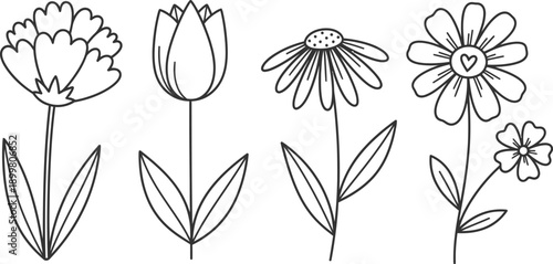 a delightful collection of hand drawn floral illustrations showcasing tulips daisies and carnations in a simple black and white style