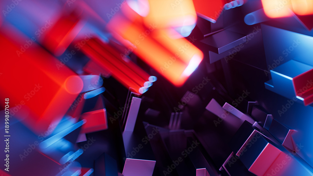 Fototapeta premium 3D rendering. Abstract geometric background, complex metal construction illuminated with blue and red neon light.