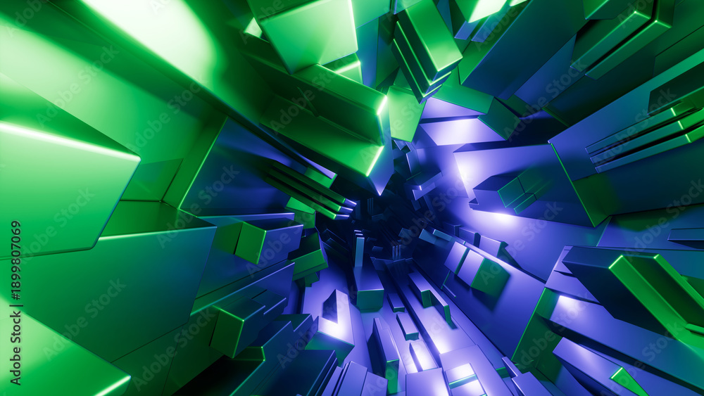 Fototapeta premium 3D rendering. Abstract blue and green geometric background. Metal blocks illuminated with blue and green neon light