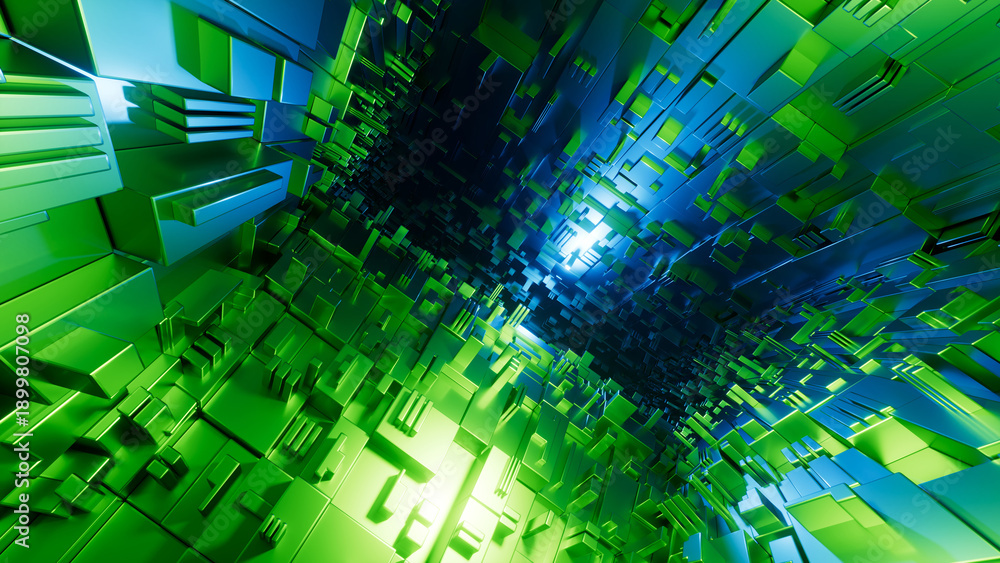 Fototapeta premium 3D rendering of an abstract geometric background. Metallic blocks illuminated by blue and green neon lights with depth of field effect.