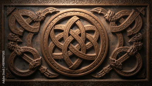 Crafted Wood Panel With Intricate Design Featuring a Central Knot and Surroun...