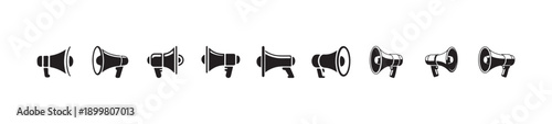 Collection of megaphone symbols showing different perspectives and styles for various marketing and sound needs