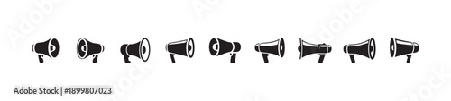 Various megaphone solid icons featuring different structural designs for audio messaging and public address systems