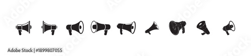 Various megaphone and loudspeaker icons showing different angles and styles for public announcement and sound projection