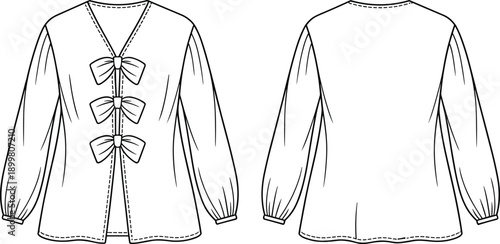 Fashion blouse front and back flat sketch with bow tie closure, long puff sleeves, detailed sewing lines, garment CAD drawing illustration