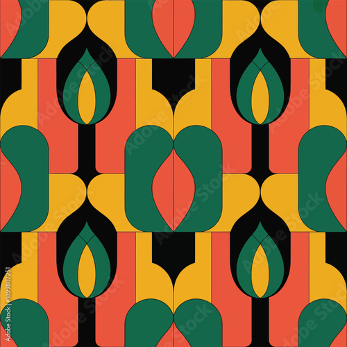 Vibrant geometric pattern with teardrop shapes in orange, green, and yellow