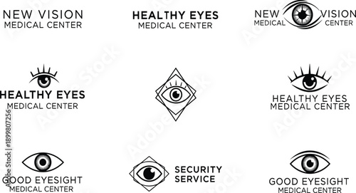 Eye care logo design set, medical center vision health icons, healthy eyesight clinic emblem, security service symbol, modern eye illustration