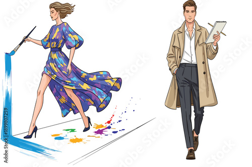 Fashion illustration, stylish man, elegant woman, modern artwork, creative design, trendy clothing, artistic expression, digital drawing, lifestyle concept, colorful painting