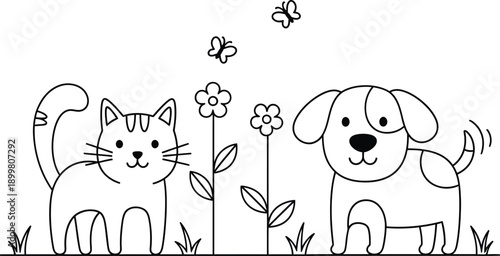 a simple black and white illustration depicts a playful cat a happy dog some flowers and butterflies in a garden scene