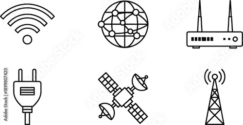 Collection of technology and communication icons including Wi-Fi globe network router power plug satellite and antenna for digital and network concepts