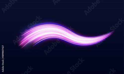 Bright pink and blue light spirals ripple over a dark digital plane, producing motion blur trails and glowing energy streaks.