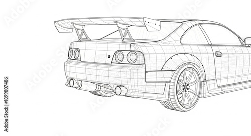 Detailed sketch of a high performance sports car rear view.