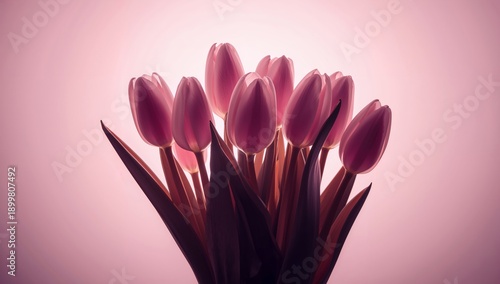 Soft Pink Tulips Stand Upright in a Vase Against a Dark Background With a Gen...