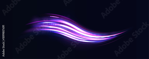 Magenta and purple neon streaks ripple over a city skyline, forming dynamic high-speed trails and glowing sparks.
