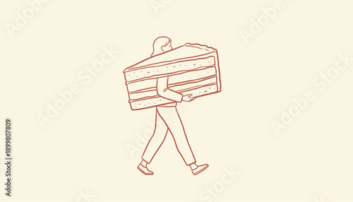 Vector illustration of a person carrying a large gift box or present, simple line drawing, for mockup or website, Isolated on transparent background, png