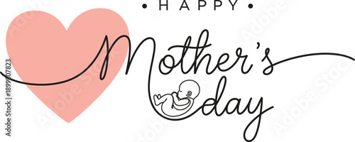 A delicate illustration features a pink heart and elegant cursive typography spelling out mother s day with decorative flourishes high quality