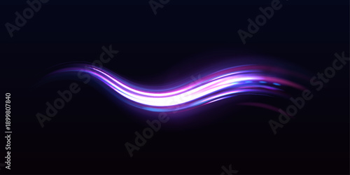 Magenta and purple neon spirals ripple along a city grid, producing fast motion lines, luminous trails, and futuristic effects.