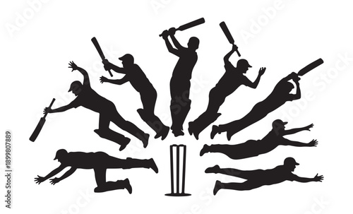 Abstract composition of cricket player silhouettes in radial arrangement with central wickets and diving poses