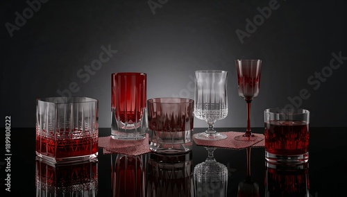 Different Glass Types Hold Red Liquid on a Black Surface With Reflections