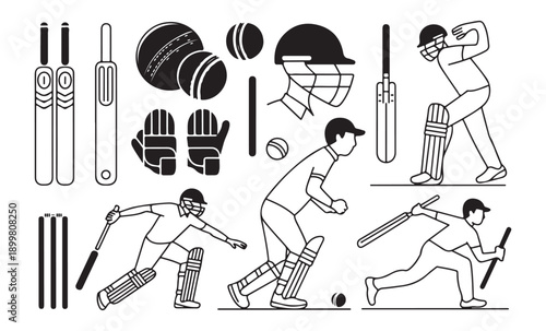 Cricket sport equipment and players action poses batting bowling fielding outline illustration vector set