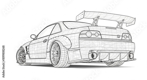 Detailed Sketch of a Sports Car with a Large Spoiler.
