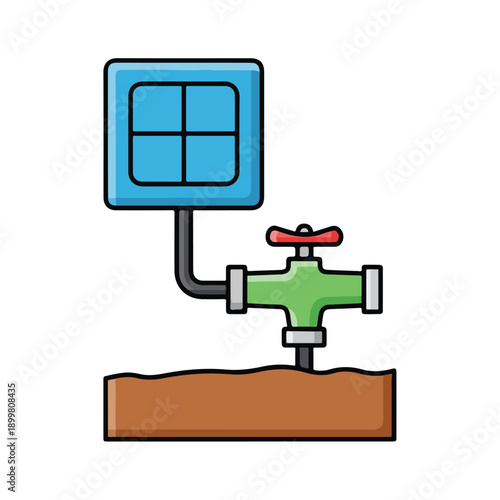 Illustration of a smart irrigation system with a valve and control box, representing modern agriculture and water management.