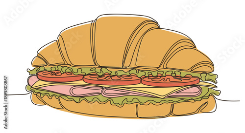 Vector croissant sandwich with ham, lettuce, and tomato, for menu or food blog, Isolated on transparent background, png