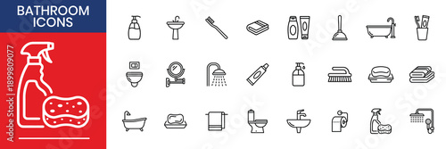 Bathroom Interior Sanitary Toilet Shower Thin Line Icons