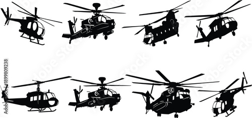 Large collection of black military helicopter silhouettes featuring attack transport and utility choppers flying in various angles isolated on white background for aviation design