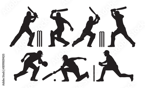 Group of cricket players in batting fielding and wicket keeping silhouettes on plain white background vector