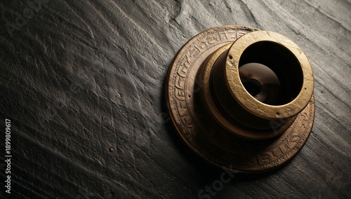 Old Brass Bell Placed on a Dark Wooden Surface in a Cozy Room