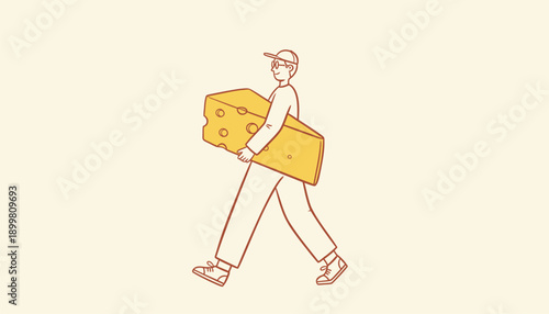 Vector illustration of a person carrying a large wedge of cheese, simple line art style, for food or marketing materials, Isolated on transparent background, png
