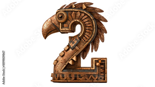 Intricate carved stone number two in an ancient style featuring a stylized bird design with feathers and ornamental patterns, perfect for artistic projects