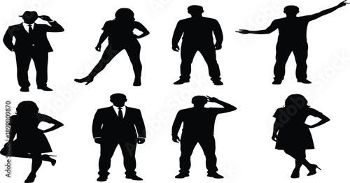 Large set of black silhouettes featuring men and women in various standing poses including business suits casual attire and expressive gestures on white background
