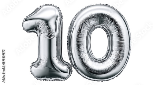 Silver Foil Balloon Number Ten Isolated on White Background Perfect for Celebrations and Milestone Events in Birthday Parties and Anniversaries
