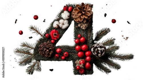 Festive Number Four Decoration Made with Pinecones, Berries, Cotton, and Evergreen Branches for Christmas Holiday Celebration and Event Styling